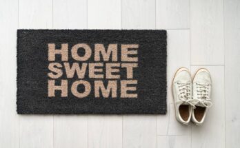 Black welcome rug with tan font that says “Home Sweet Home” on top of a white wood floor next to a pair of shoes