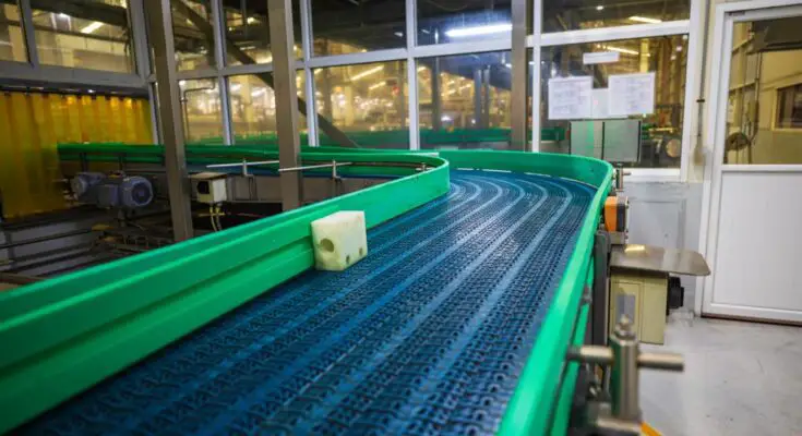 A black plastic conveyor belt with green plastic bumpers winding around a corner in a large factory.
