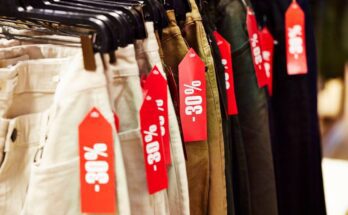 A rack of clothing items featuring “on-sale” tags, indicating the predatory branding methods of the fast fashion industry.