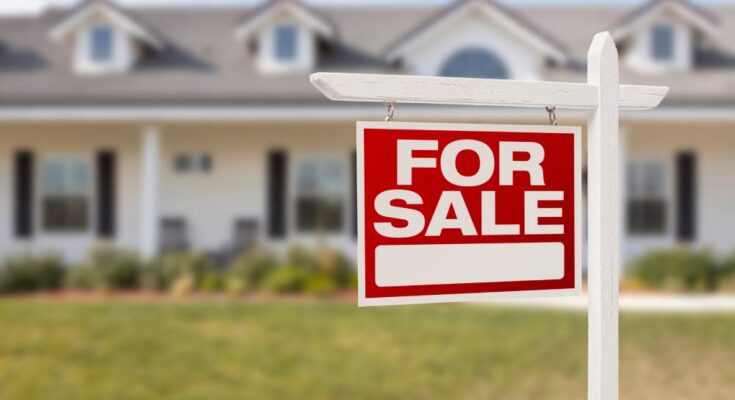 A red sign that reads "For Sale" posted in a yard with a long, one-story home blurred in the background.