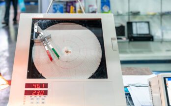 In a manufacturing facility, a circular chart recorder monitors the temperature tracking in red and green ink.