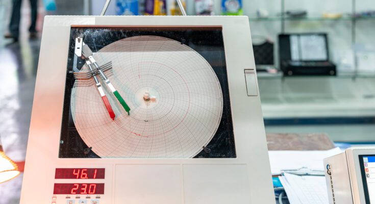 In a manufacturing facility, a circular chart recorder monitors the temperature tracking in red and green ink.