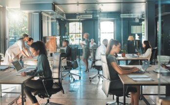 A busy office with multiple desks and chairs occupied by well-dressed employees working on their laptops.