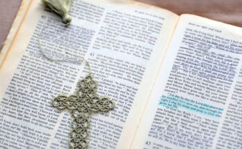 An open Bible with highlighted and underlined words, along with a cross and tassel resting on the page.