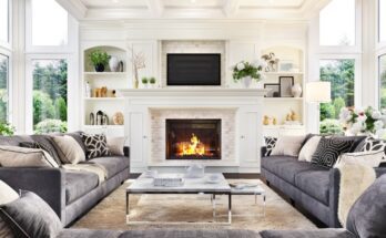 A modern, naturally lit, and luxurious living room interior boasting a fireplace that helps heat the house.