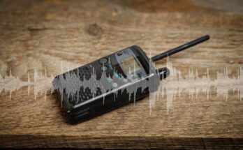 A black two-way radio sitting on top of a wooden table with a noisy wave signal overlaid on top of them.