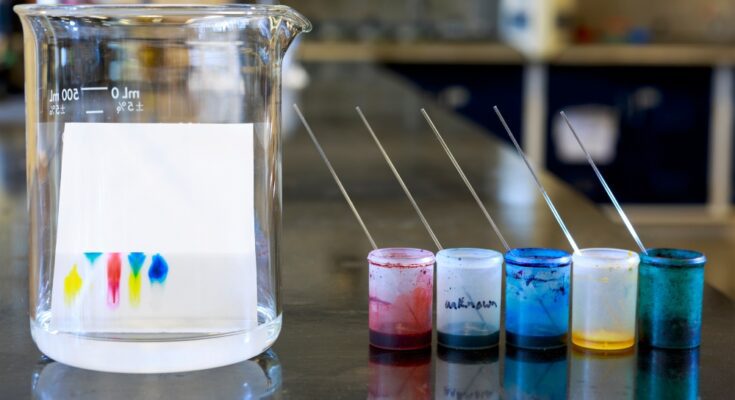 A large clear beaker contains paper with blue, yellow, red, and green ink blotches. Small containers have the same colors.