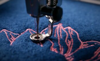 A close-up of an embroidery machine's needle and thread system stitching a pattern into blue fabric with pink thread.