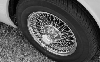 A close-up of a car parked in the grass. The car is white with a set of chrome wire wheels that are freshly shined.