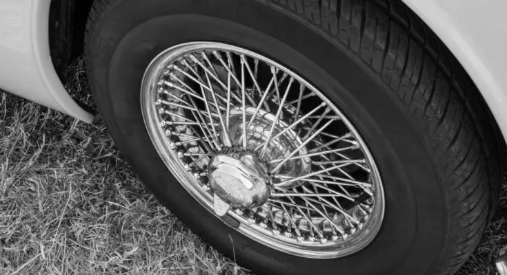 A close-up of a car parked in the grass. The car is white with a set of chrome wire wheels that are freshly shined.