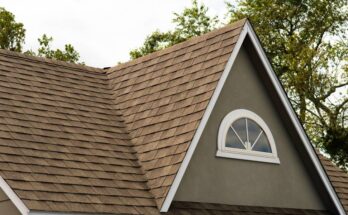 A close-up of a home's roof made from brown asphalt shingles. The structure has a roof ridge with trees in the background.