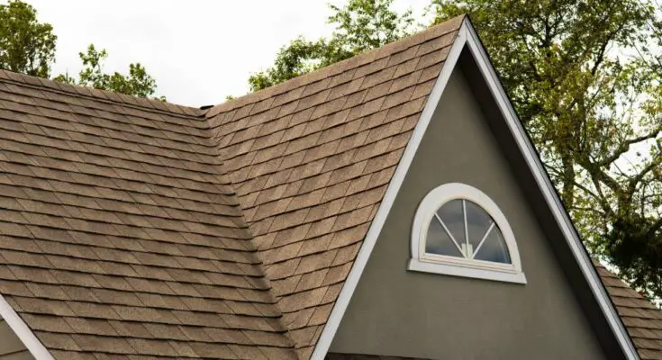 A close-up of a home's roof made from brown asphalt shingles. The structure has a roof ridge with trees in the background.