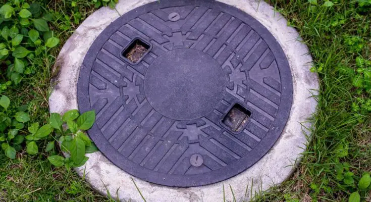 A septic tank with a lid on it. It is positioned near grass and other types of green plants.