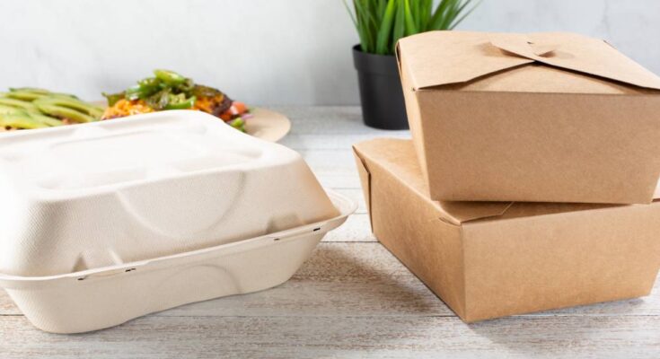 A set of paper to-go containers sitting on a table. There's a plate of food and a plant on the table behind the containers.