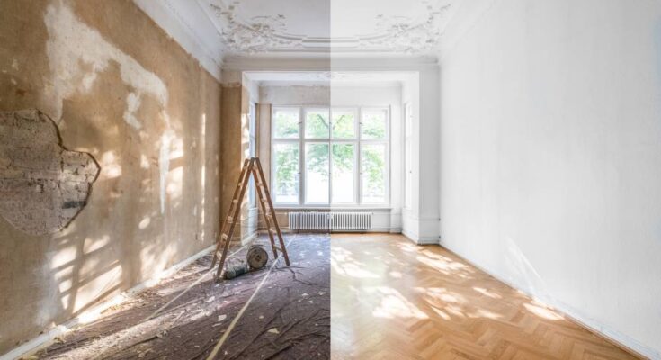 A large room with a window on the far wall. The left side shows the renovation process and the right side shows the results.