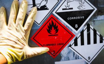 Close-up on a gloved hand touching a container that has warning stickers on it that say FLAMMABLE LIQUID and CORROSIVE.