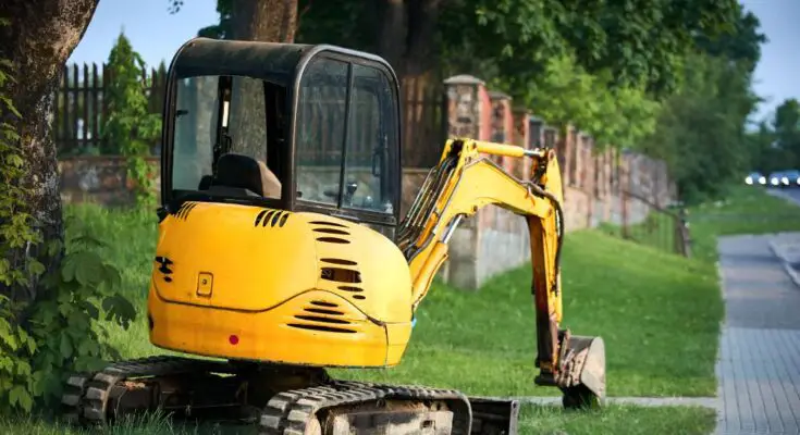 A black and yellow mini excavator sits on a patch of grass next to a tall, mature tree and brick fence.