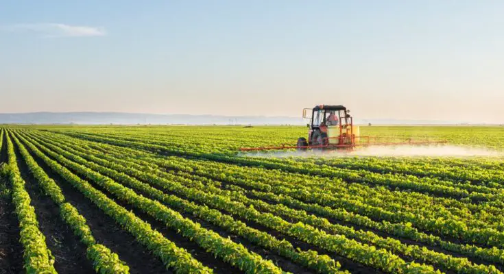 A red tractor with a sprayer attachment is out in fields spraying the crops. The mountains appear in the back.