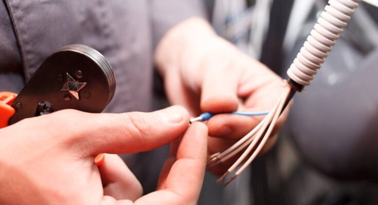 A person holding electrical wires and a crimper to cut them. The wires are white and blue with exposed copper at the ends.