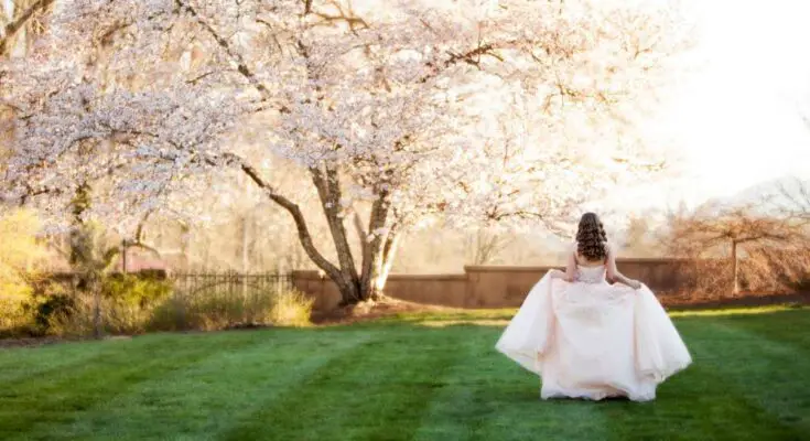 The backside of a girl with curled, brown hair stands outside in a lush field, slightly lifting the skirt of her ballgown.