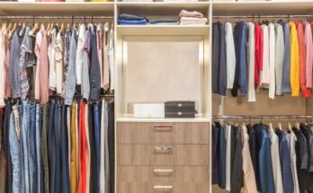 A wooden closet system with clothing on both sides separated by shelves in the center. Purses are on the top shelf.
